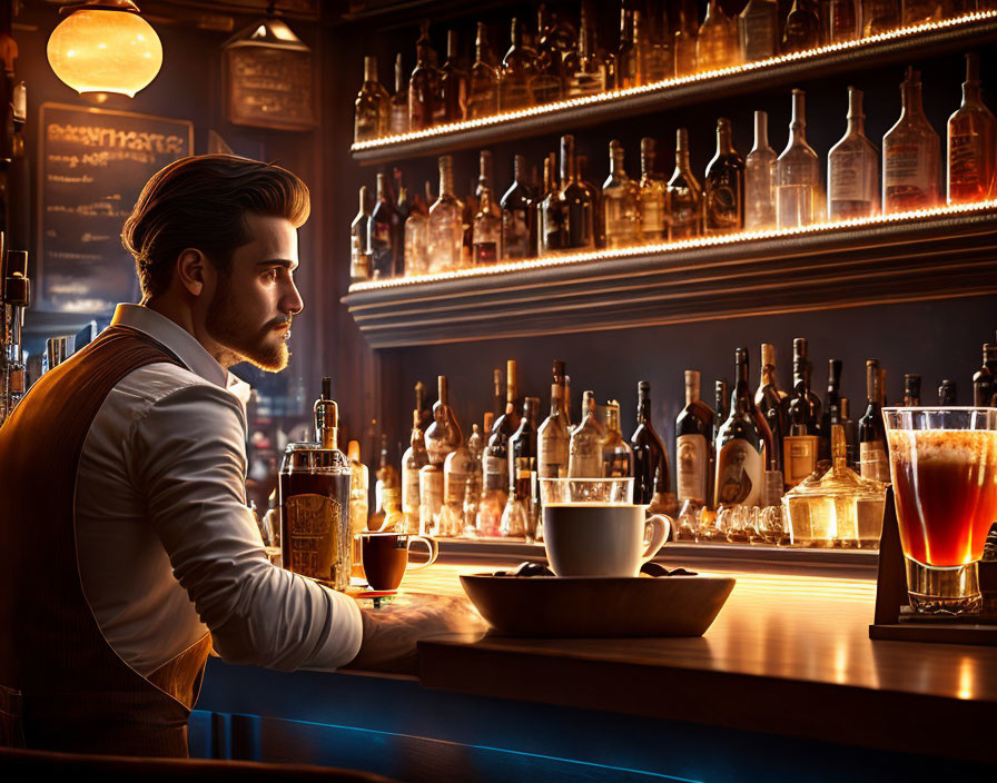 Bearded man at bar with bottles, deep in thought