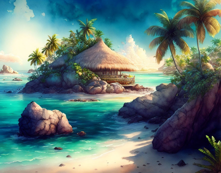 Tropical Beach Scene with Palm Trees and Thatched Hut