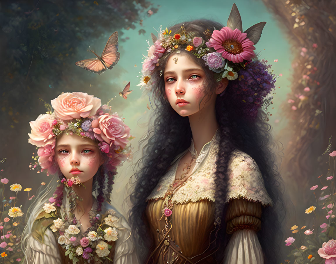 Ethereal figures in floral crowns and vintage attire in fantastical forest setting