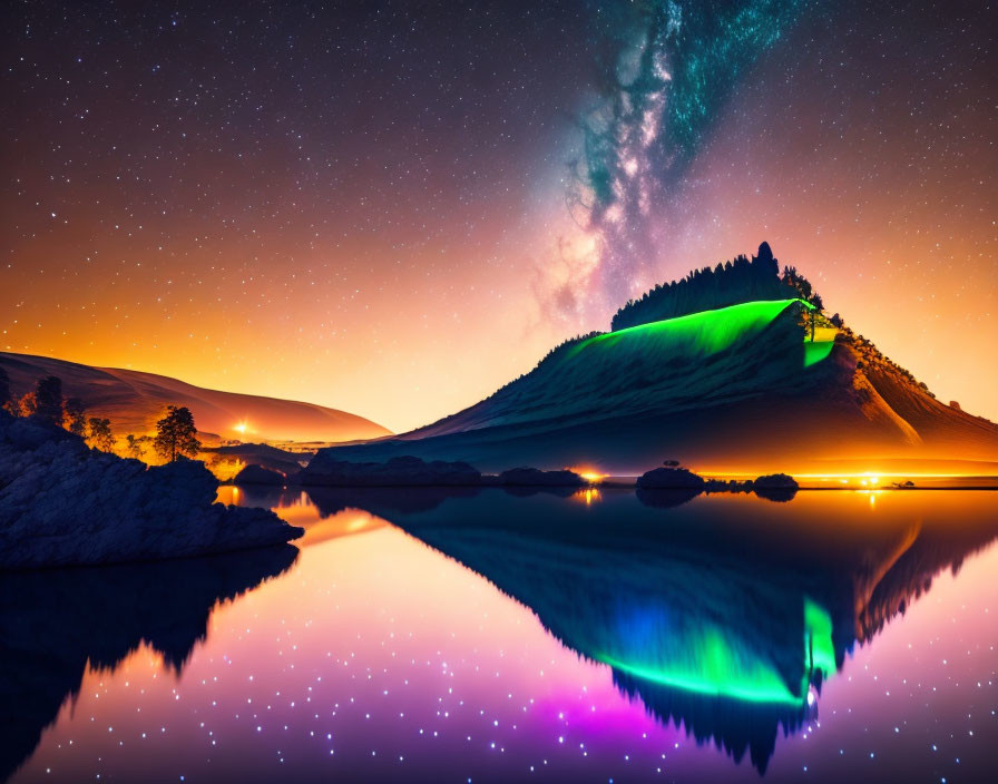 Tranquil night landscape with Milky Way, hill, lake, and starry skies