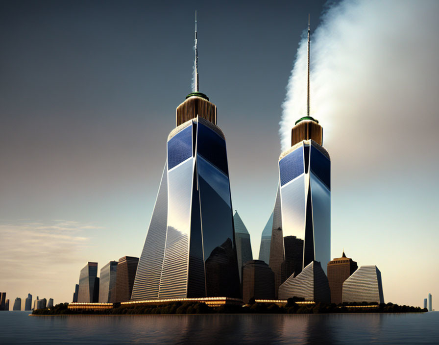 Modern twin skyscrapers with blue glass facades and pointed spires against a clear sky.