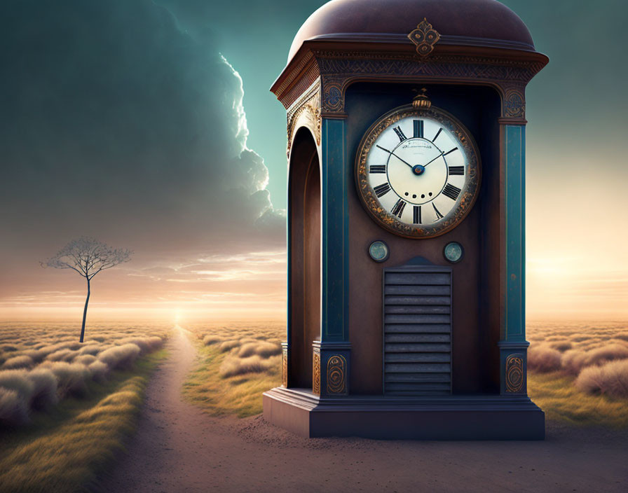 Surreal grandfather clock in open field with staircase under dramatic sky