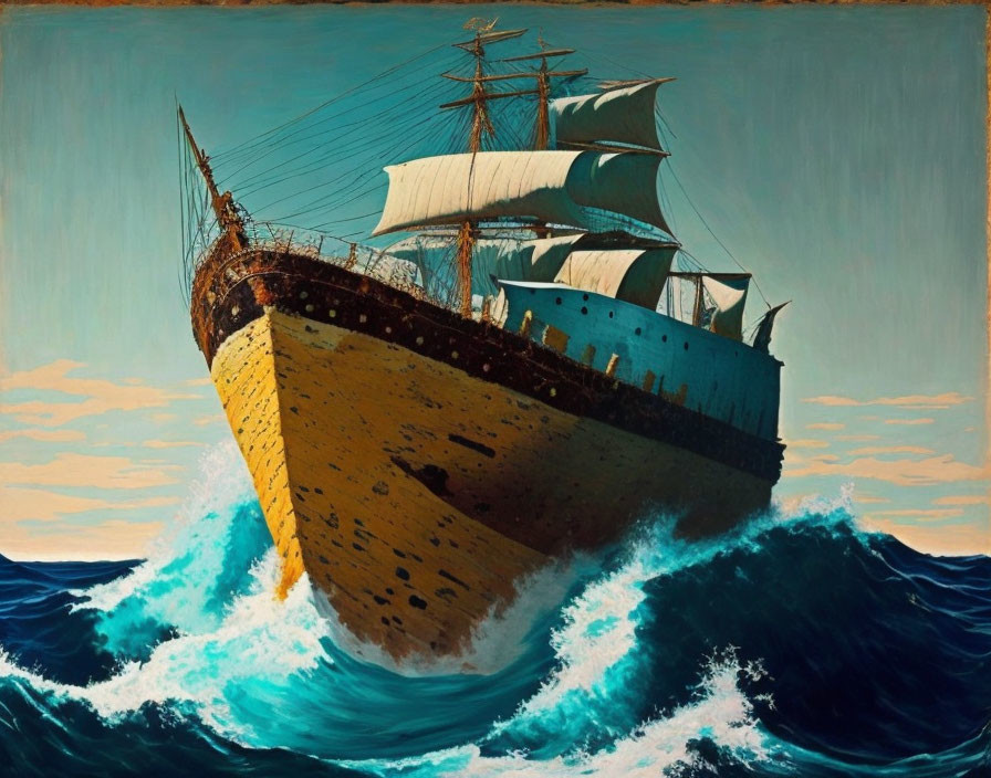 Large sailing ship painting navigating turbulent blue waves and cloudy sky