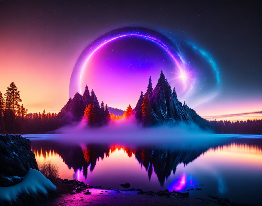 Surreal landscape with vibrant aurora arch over mountain and tranquil lake