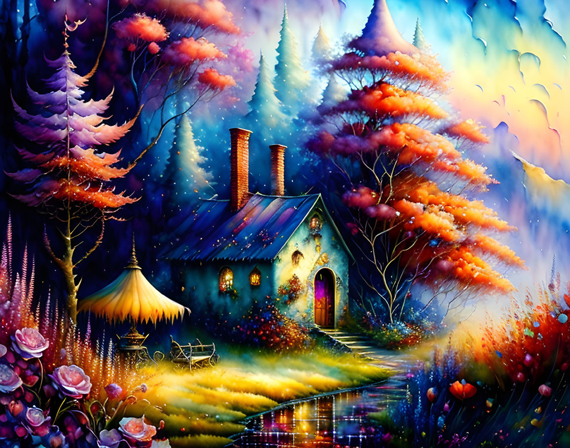 Colorful painting of cozy cottage, trees, stream, and twilight sky