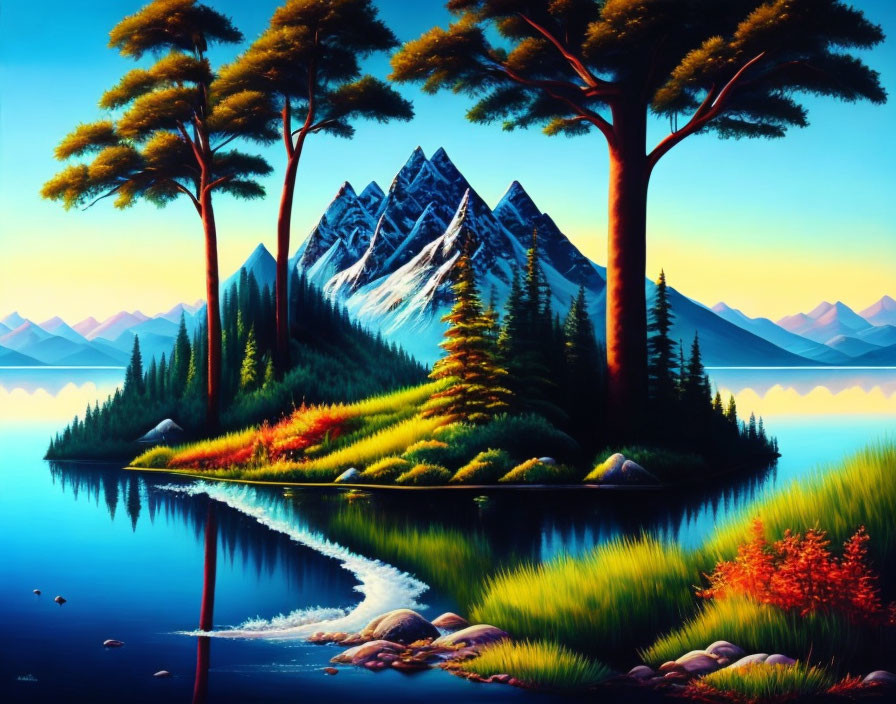 Colorful Mountain Landscape with Reflective Lake and Pine Trees