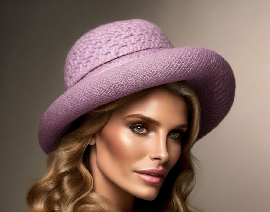 Woman with Wavy Hair in Pink Hat and Soft Makeup