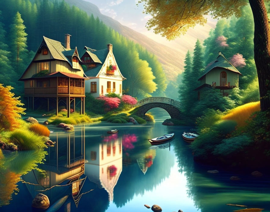 Tranquil forest lake with autumn foliage and quaint houses