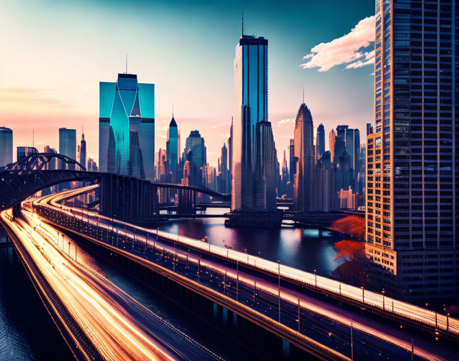 Vibrant sunset colors illuminate city skyline and bridge with traffic lights