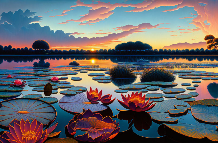 Scenic sunset painting over calm lake with water lilies and lotus flowers