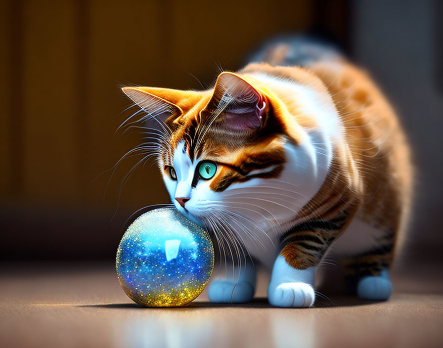 Curious cat with striking eyes gazes at glass ball on wooden floor