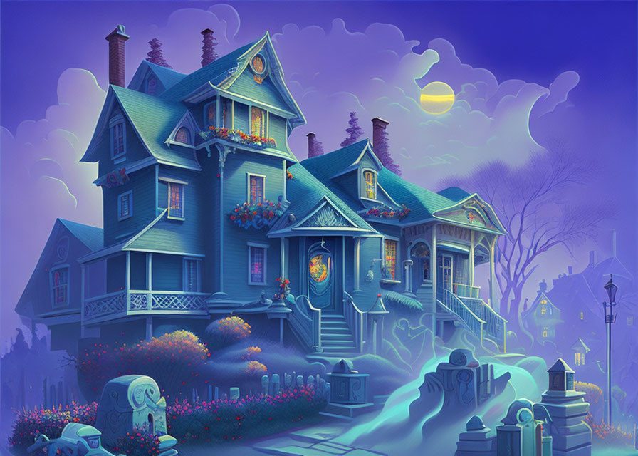 Whimsical blue Victorian house in moonlit garden landscape