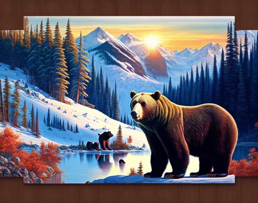 Wildlife painting: Bear in serene mountain landscape at sunrise/sunset