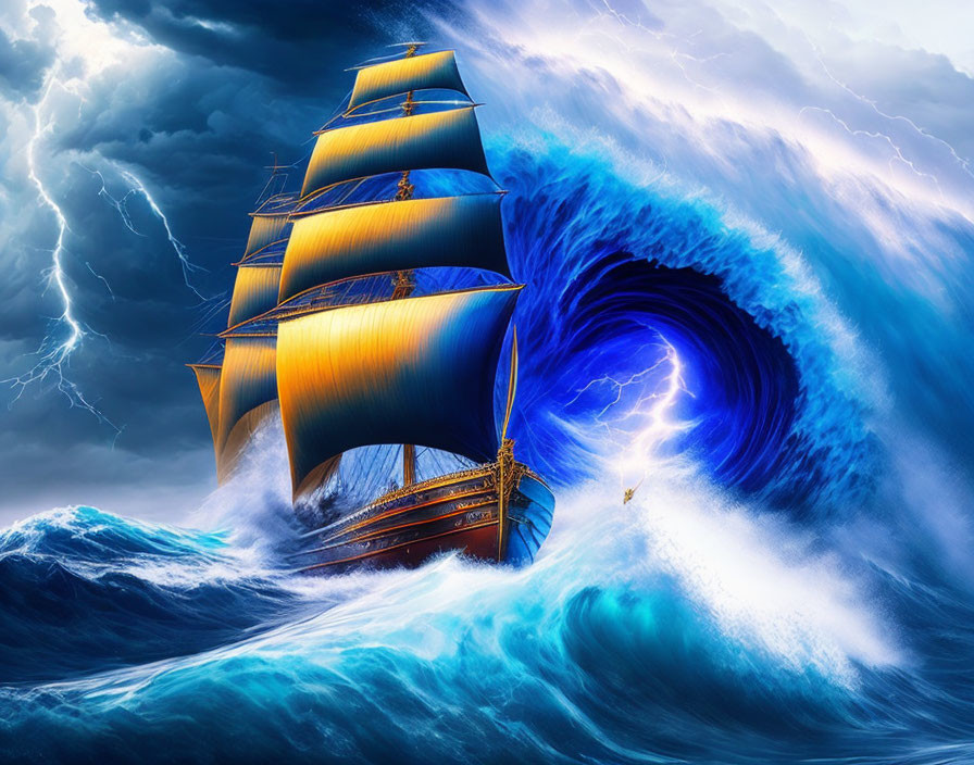 Tall ship with billowing sails in stormy seas near giant whirlpool