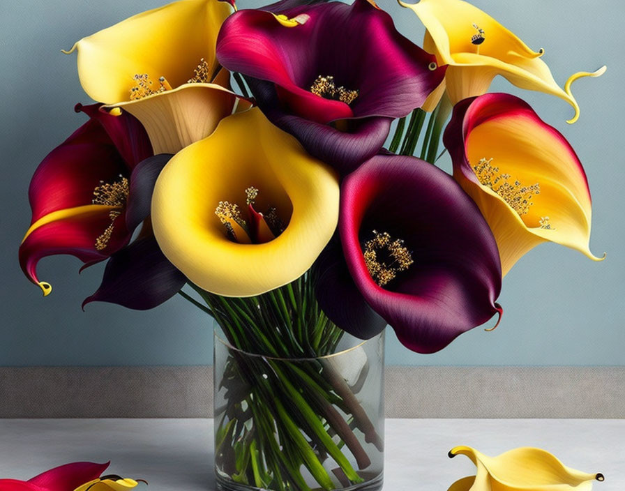 Yellow and Deep Purple Calla Lilies in Clear Vase