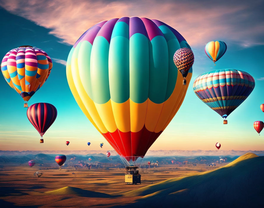 Colorful hot air balloons over serene landscape with rolling hills at dawn or dusk