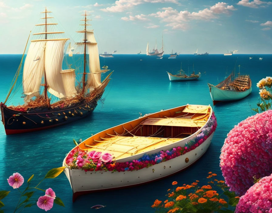 Tranquil seascape with ships, rowboat, flowers, and vibrant coastal flora