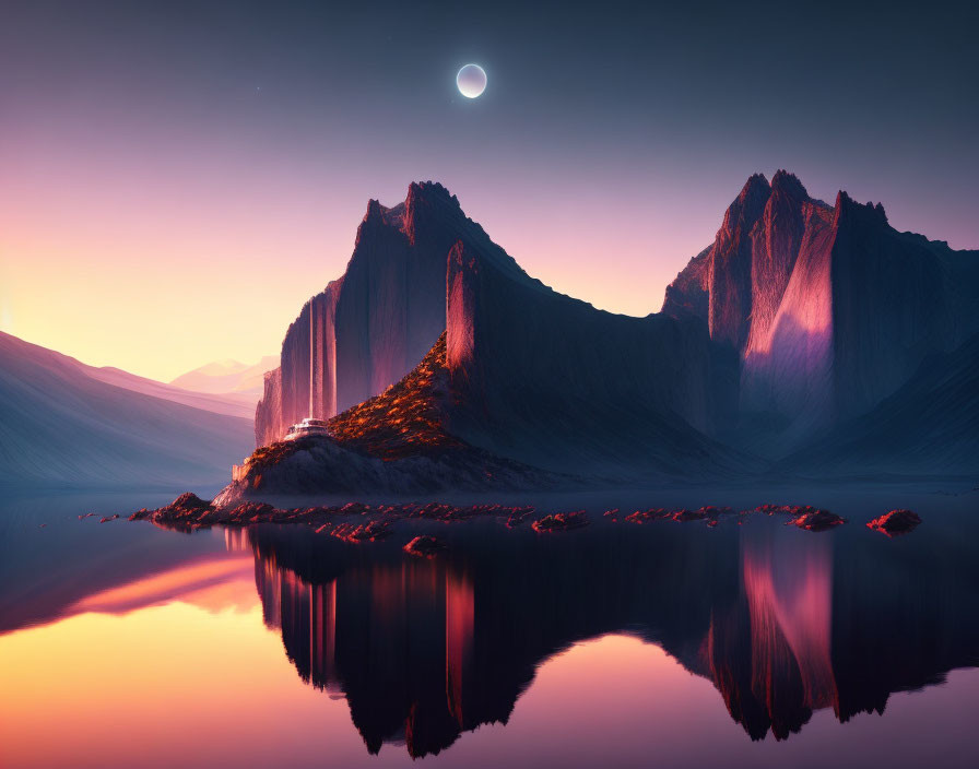 Rugged mountains reflecting in still water under a twilight sky