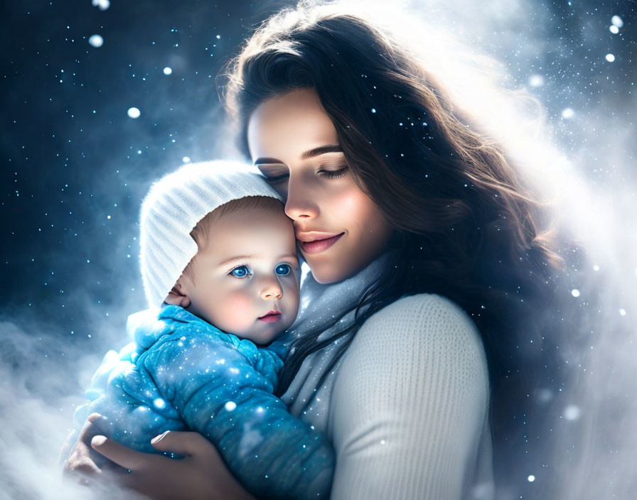 Mother and baby in warm attire against snowy backdrop with twinkling lights