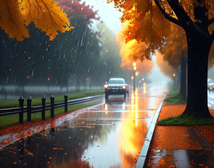 Autumn scene: Rain on wet road with glowing trees and car headlights.