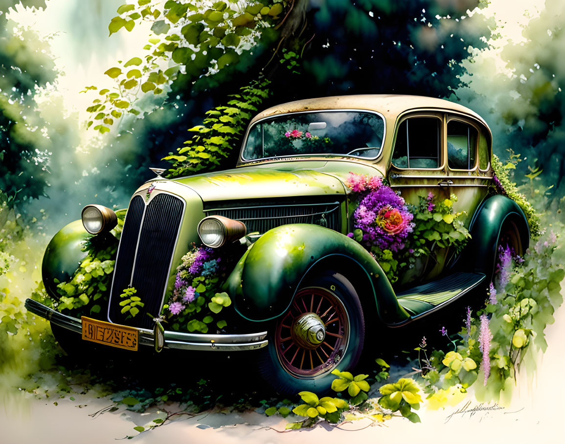 Vintage green car covered in flowers against forest backdrop