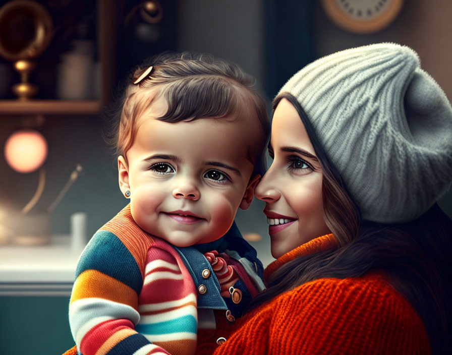 Smiling woman with toddler in striped sweater and gray beanie