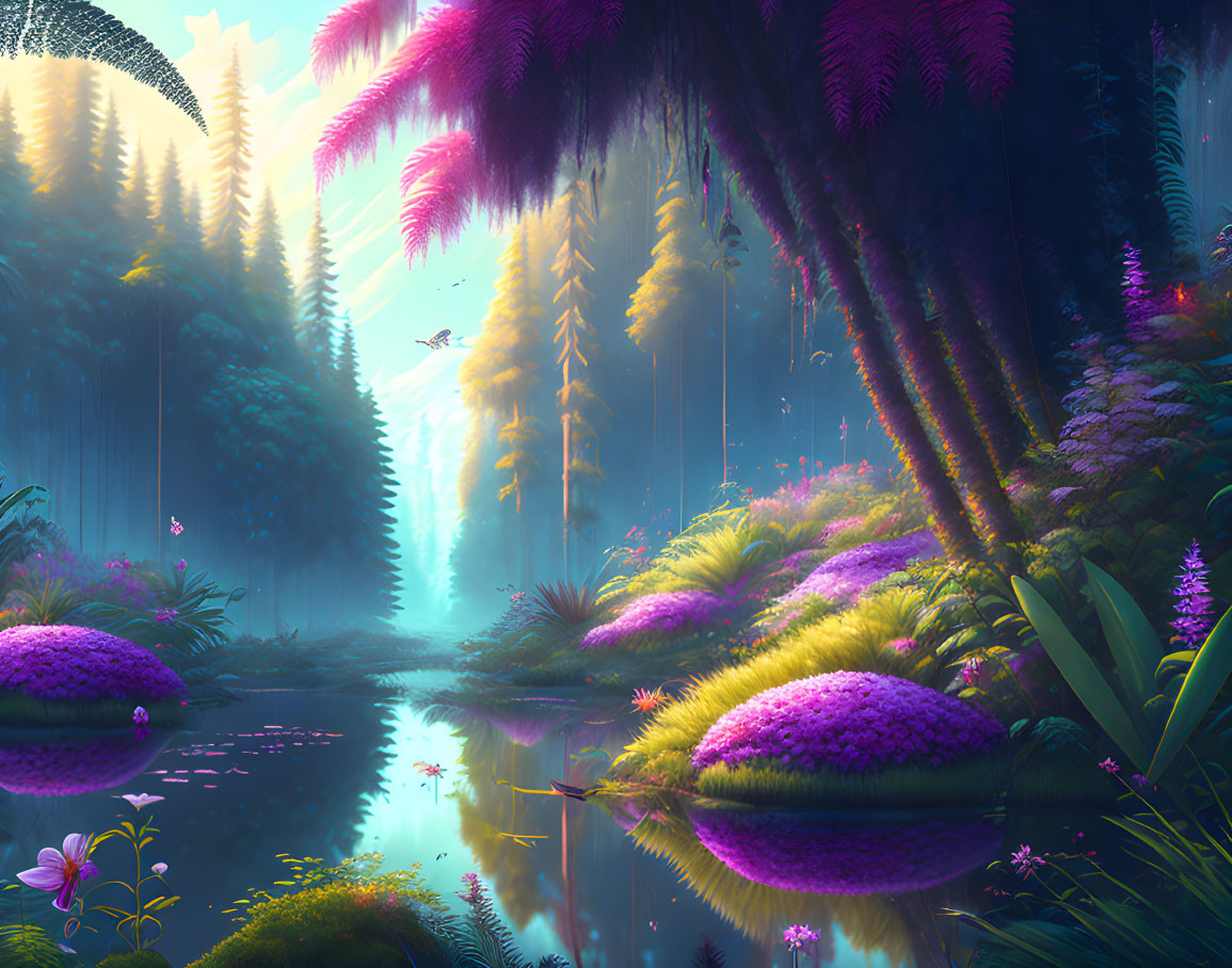 Fantasy landscape with purple foliage, river, light, and dragonfly