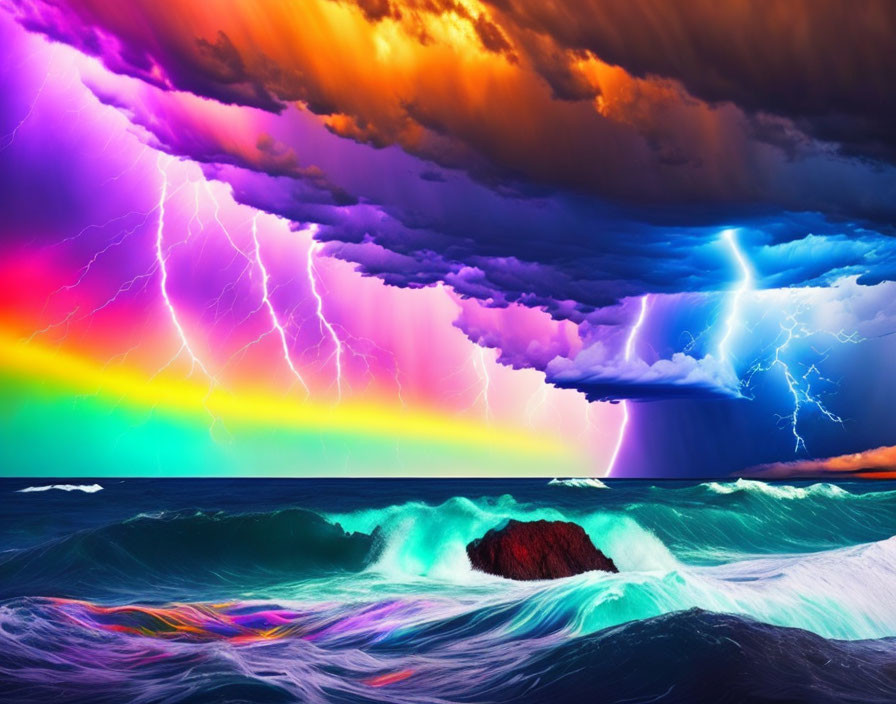 Colorful seascape with rainbow sky, lightning bolts, and crashing waves