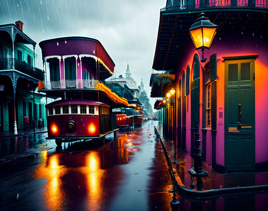 Colorful New Orleans streetcar scene on rain-soaked streets