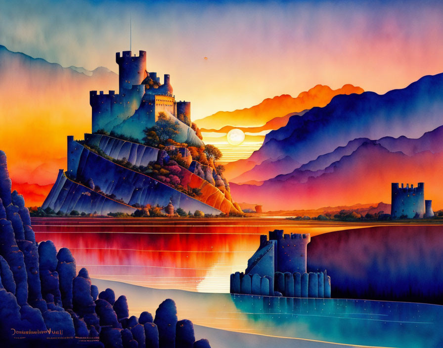 Colorful watercolor painting: castle on hill at sunset.