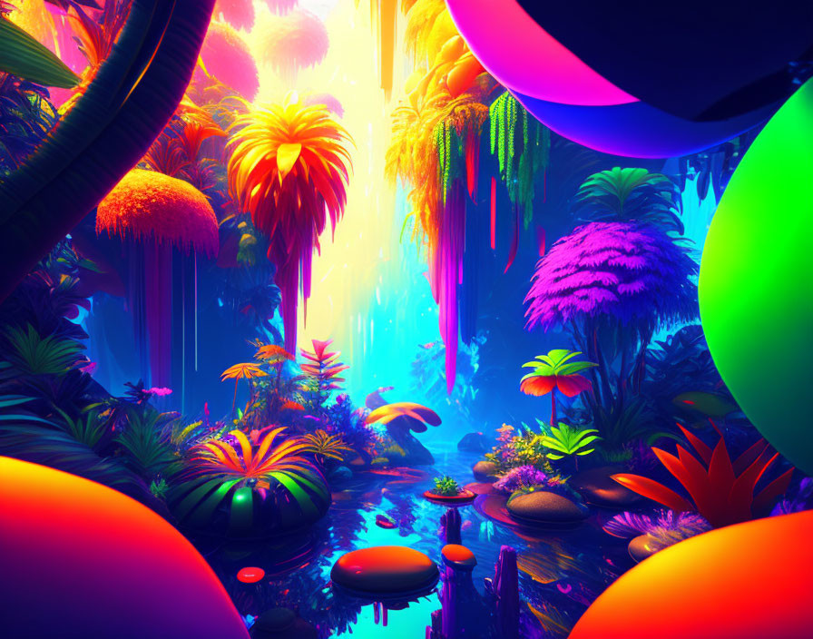 Surreal neon-lit fantasy jungle with vibrant colors