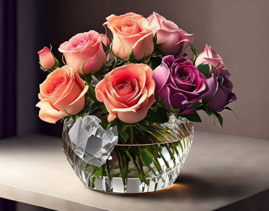 Pink and Purple Roses Bouquet in Crystal Vase on Table