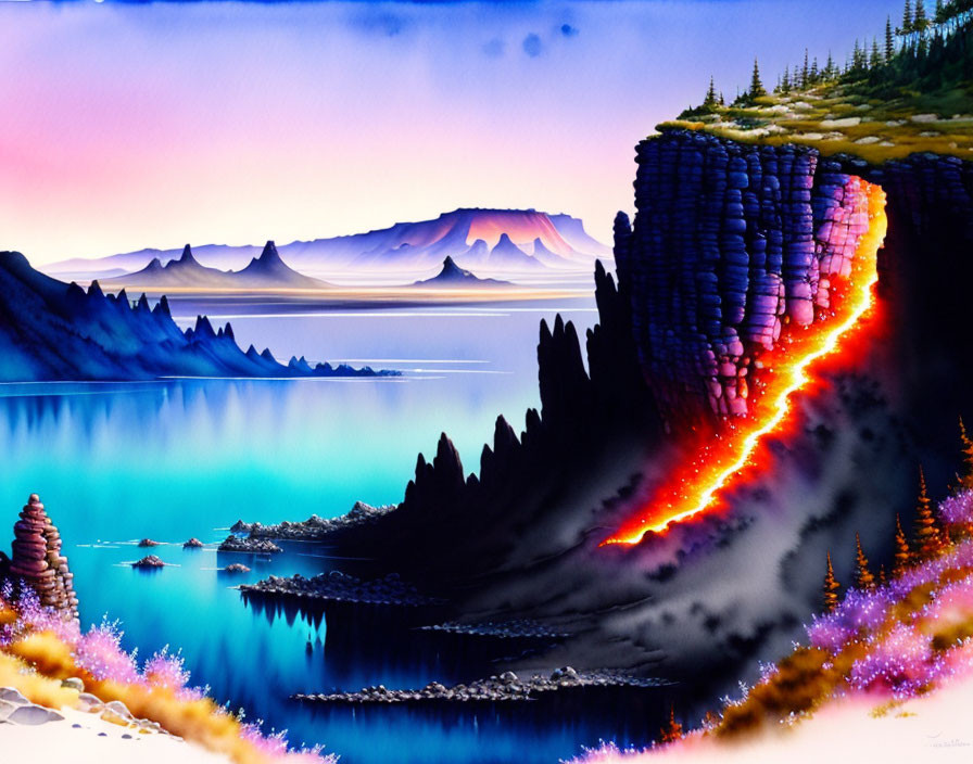 Colorful digital artwork: lava flow, blue lake, purple trees, distant mountains under pink and blue