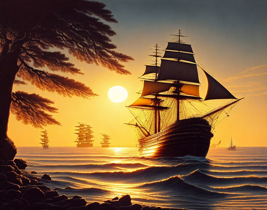 Tall ships near coast at sunset with golden sun and silhouetted trees