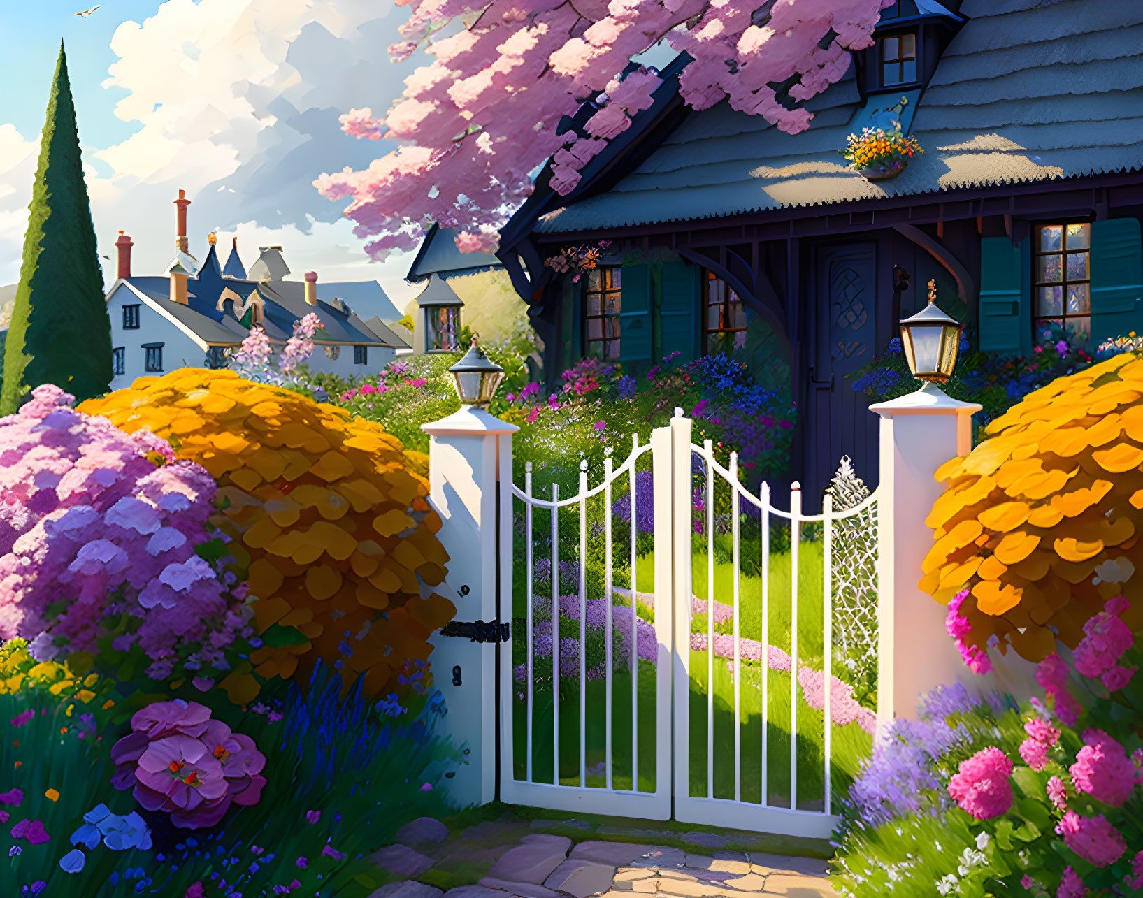 Charming house with blooming garden and white picket gate at dusk