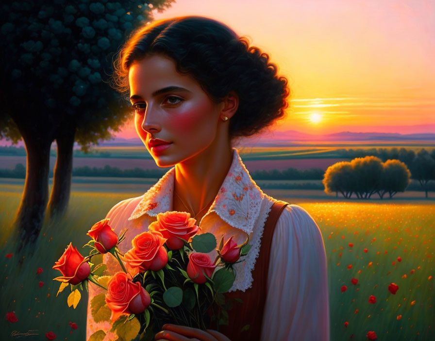 Woman holding roses in front of sunset backdrop and serene field