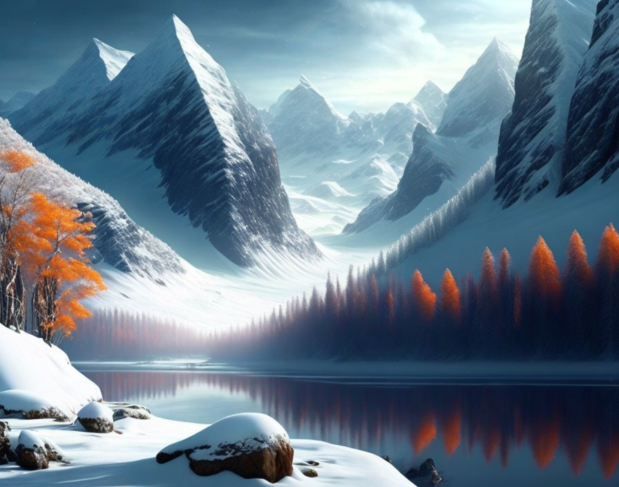 Snow-covered mountains, reflective lake, autumn trees - serene winter landscape