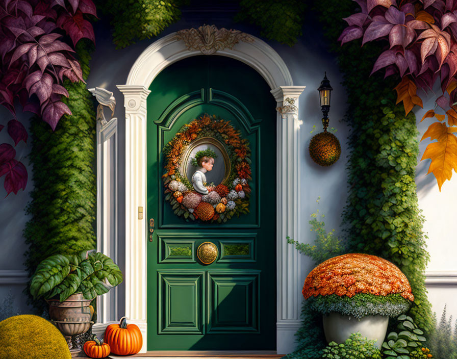 Ornate green door with fall-themed decor and autumn foliage