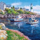 Picturesque Coastal Village with White Houses, Dome Building, Rocky Shores, Boats, and Wild