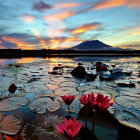 Scenic sunset painting over calm lake with water lilies and lotus flowers