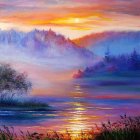 Snowy Sunrise Landscape: Calm Lake, Trees, Flowers & Mountains