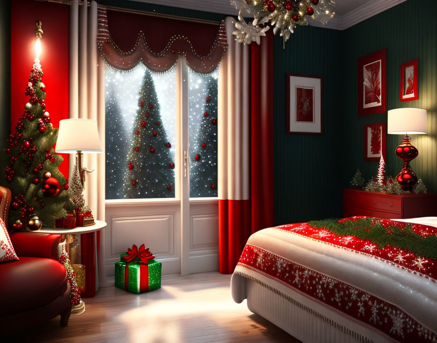 Festive Christmas room with tree, gifts, snowy view & cozy decor