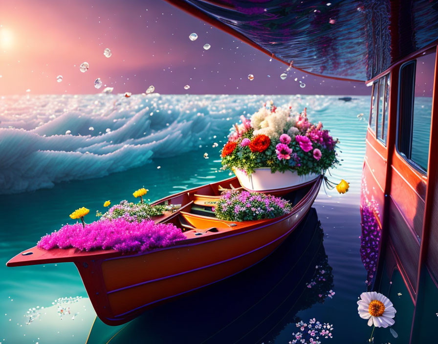 Colorful Flower-Filled Boat on Calm Waters at Sunset