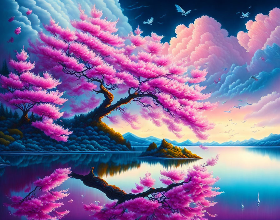 Colorful artwork of pink blossoming tree reflecting in water with mountains and birds.