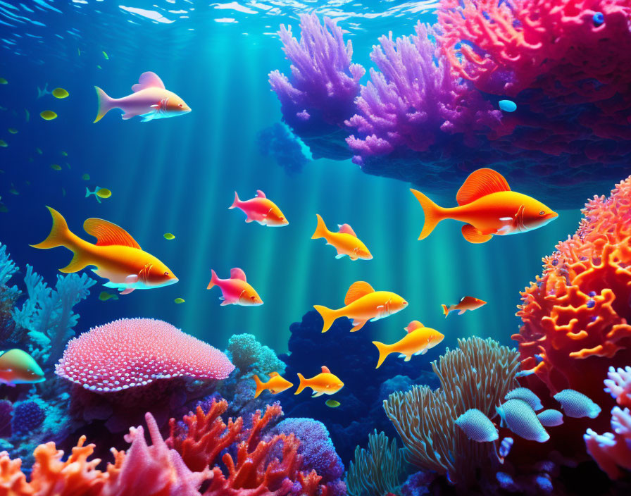 Colorful coral reefs and orange fish in vibrant underwater scene