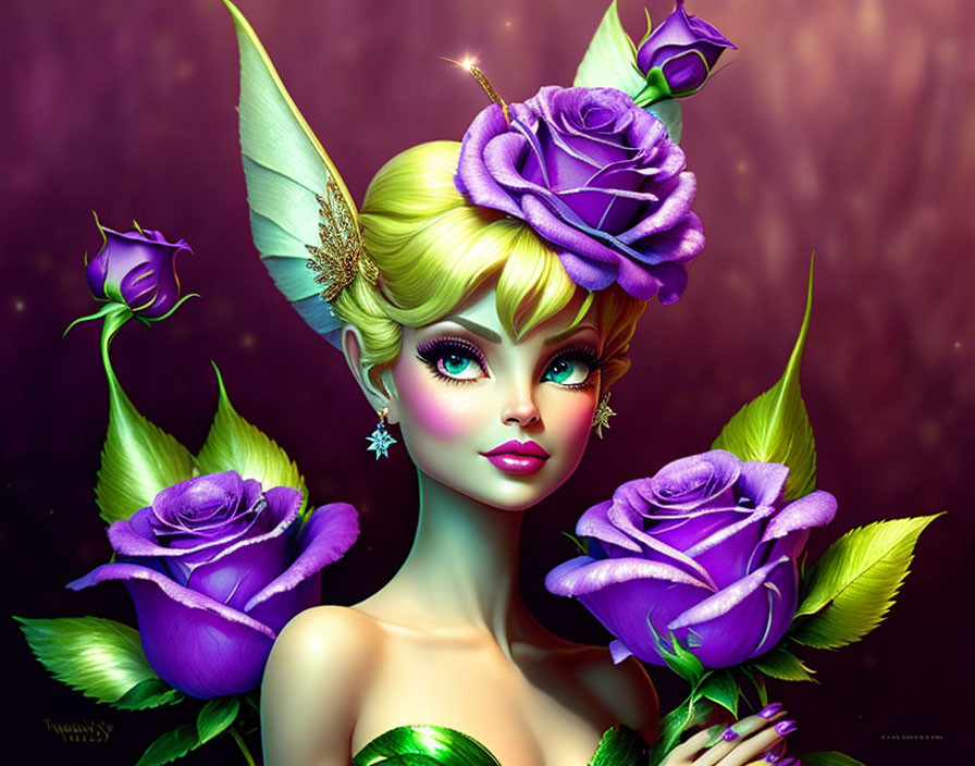 Illustrated fairy with green leaf clothing and purple roses in a blonde hair.