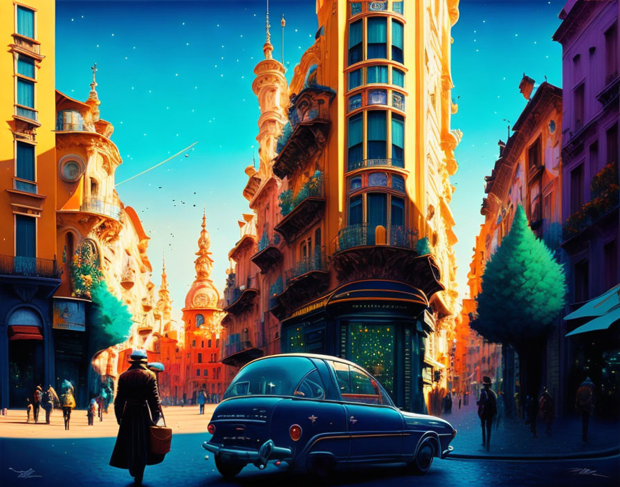 Colorful dusk street scene with lit buildings, vintage car, and people under starry sky