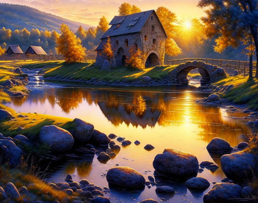 Rural landscape with stone house, bridge, river, and autumn trees at sunset