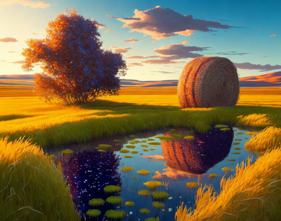 Tranquil landscape with golden fields, pond, hay bale, flowers, vibrant tree, clear