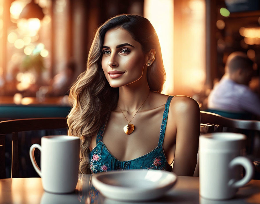 Woman with long curly hair in blue dress and pendant, sitting in café with two coffee cups under warm